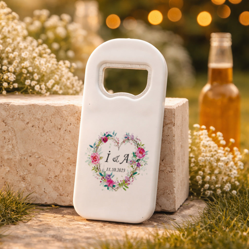 Çiçekli Kalp Düğün Magnet Açacak | Romantik İsim Baş Harfli Hatıra