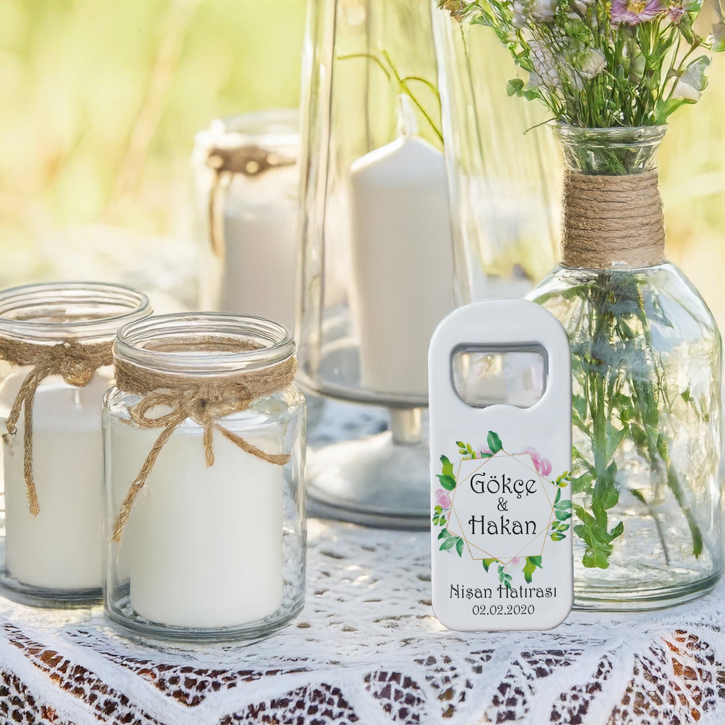 Yeşili Yapraklı Geometrik Çerçeve Tasarımlı – Kişiye Özel Plastik Açacak Magnet