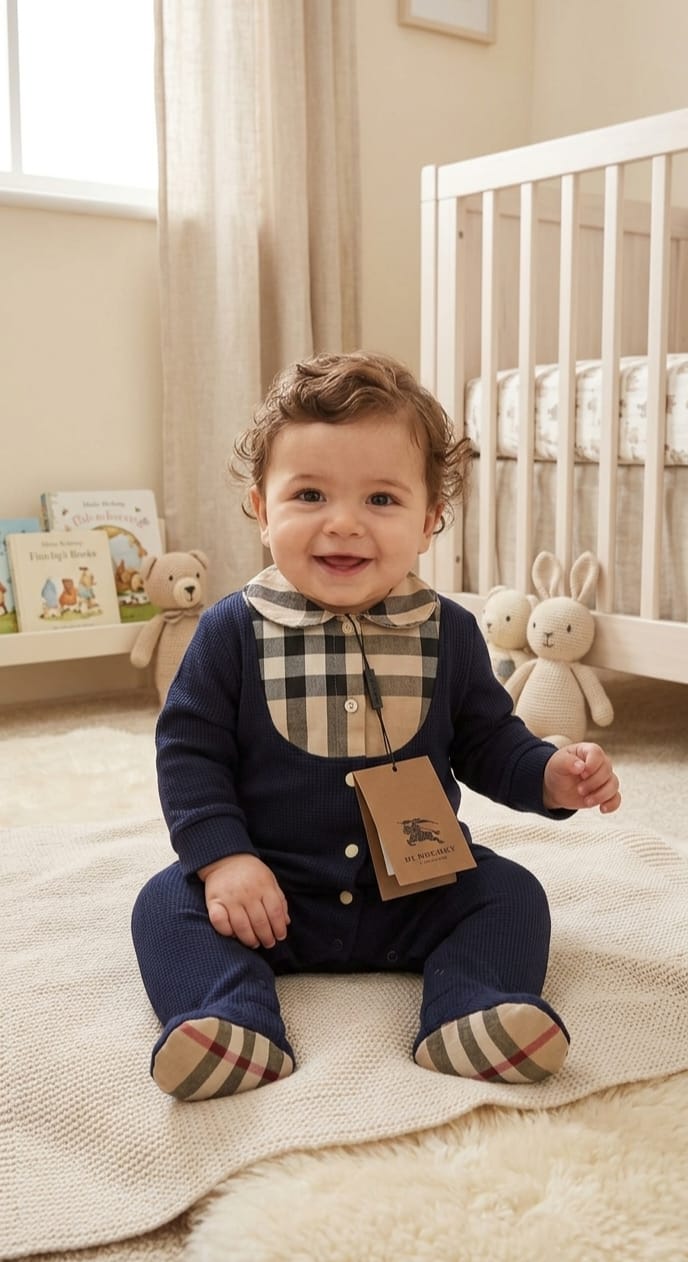 Bebelebi Bebek Tulumu 3-6-9 Ay Lacivert Ekose Detaylı Şık Bebek Tulum
