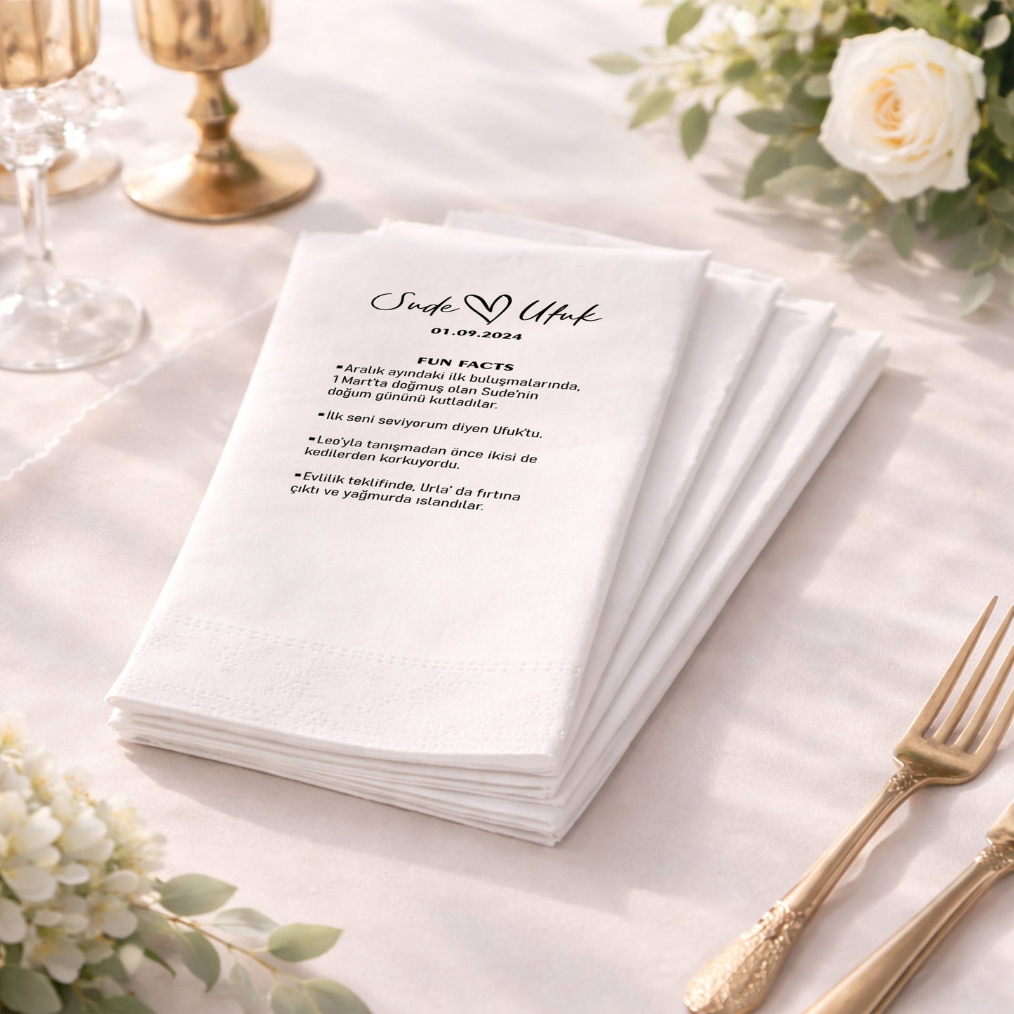 Sude & Ufuk Fun Facts Tasarımlı Düğün ve Nişan Baskılı Peçete
