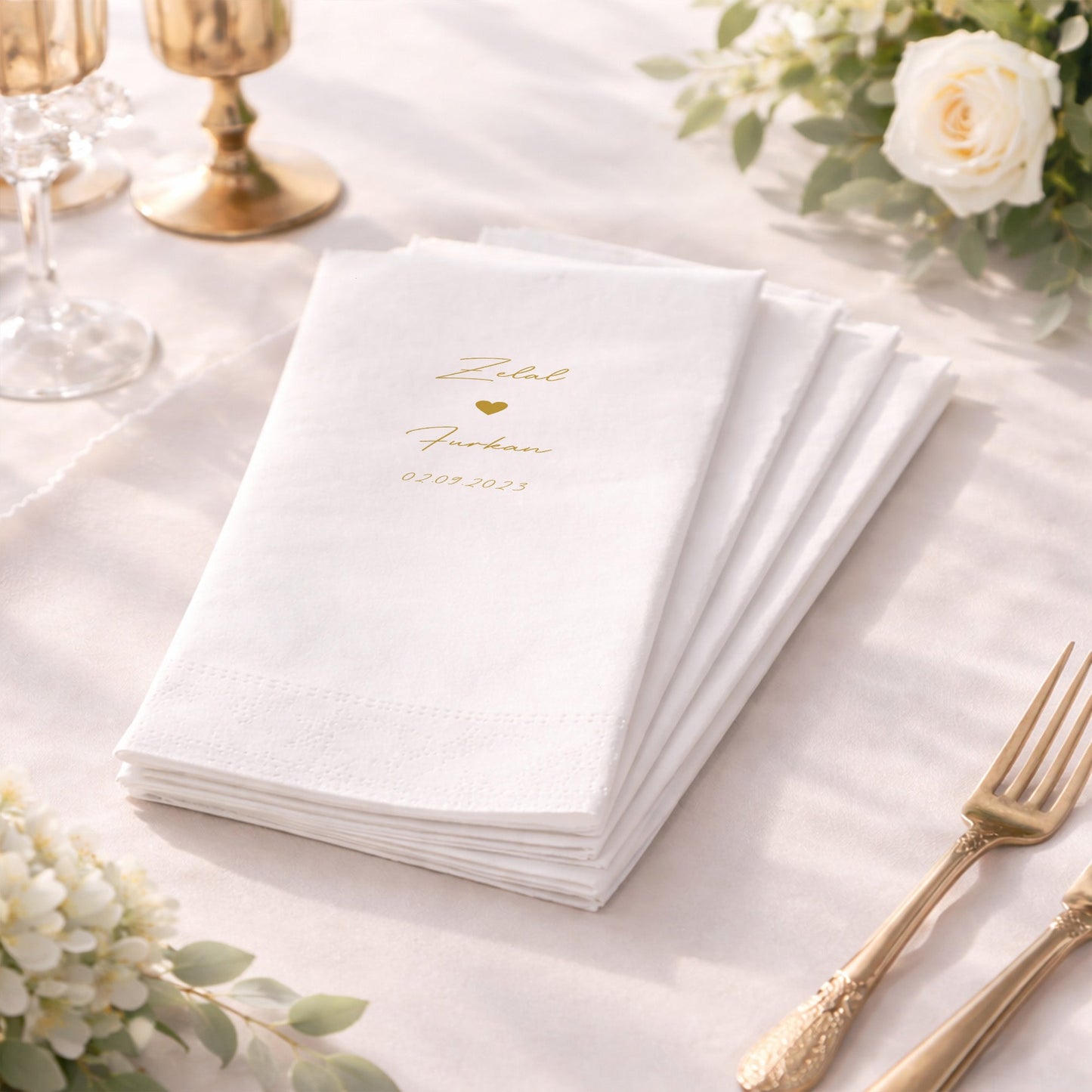 Altın Yazılı İsimli Düğün ve Nişan Baskılı Peçete