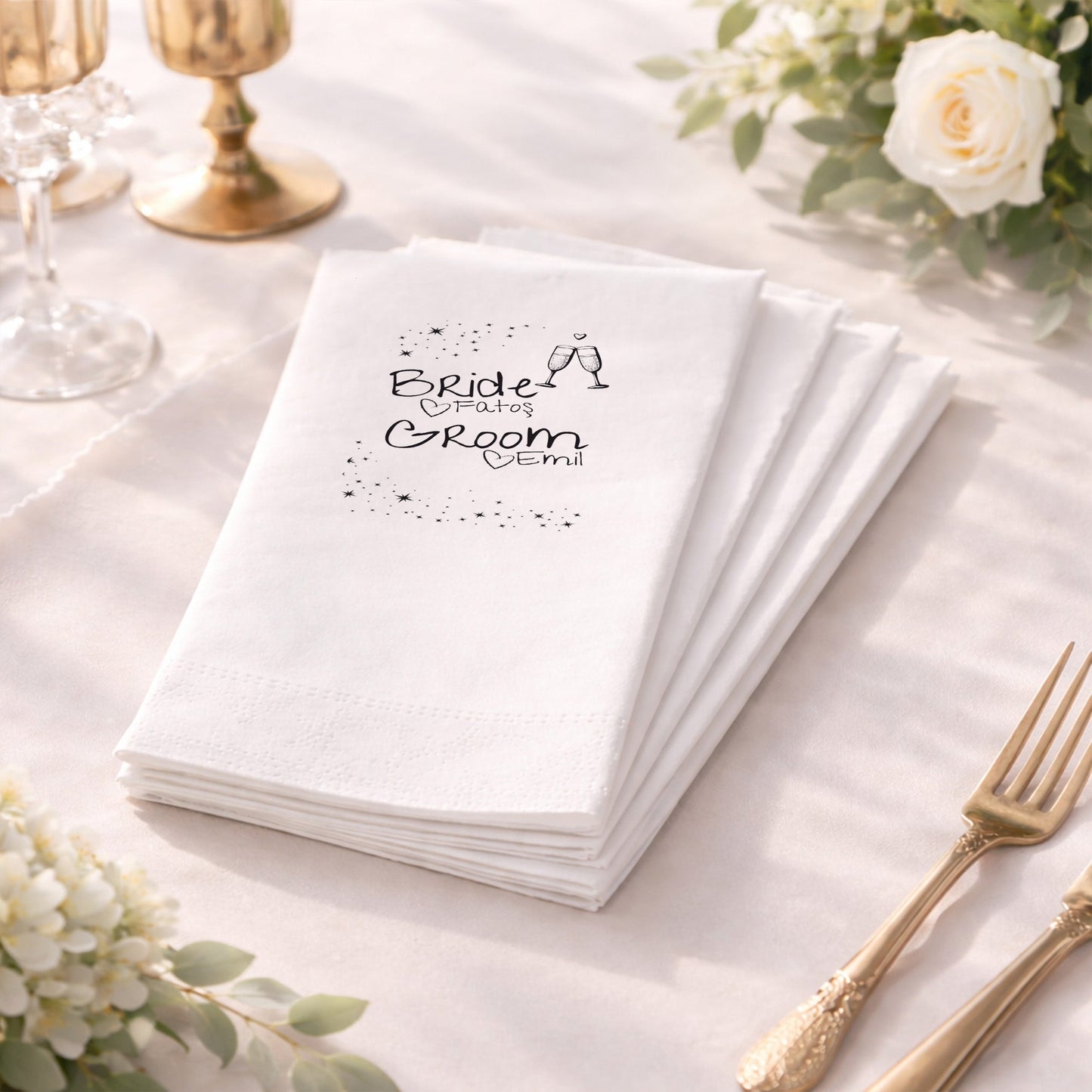 Bride & Groom Yazılı Eğlenceli Düğün Baskılı Peçete