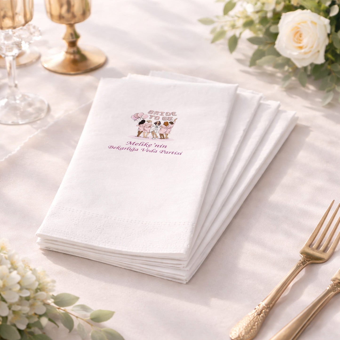 Floral Çerçeveli İsimli Düğün ve Nişan Baskılı Peçete