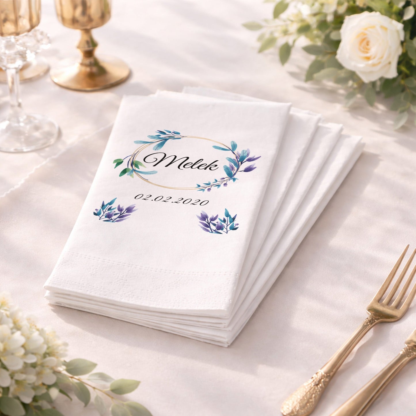 Mavi Yaprak Çelenkli İsimli Özel Gün Baskılı Peçete