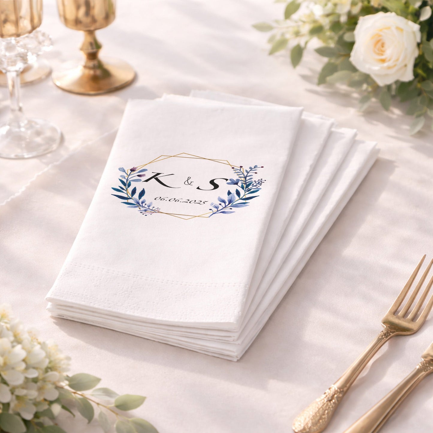 Geometrik Çerçeveli Yaprak Desenli İsimli Düğün ve Nişan Peçetesi