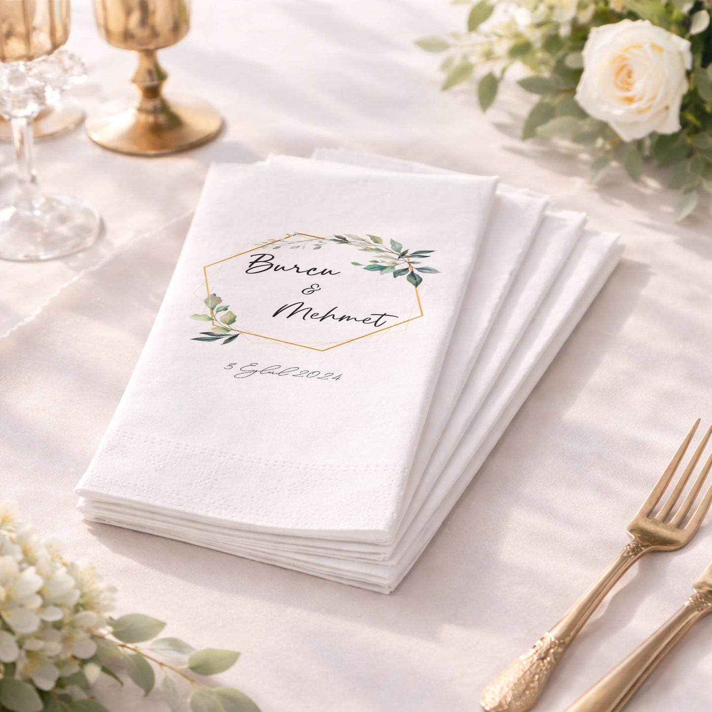 Doğal Çiçek Buketli Ayetli Nikah ve Düğün Peçetesi