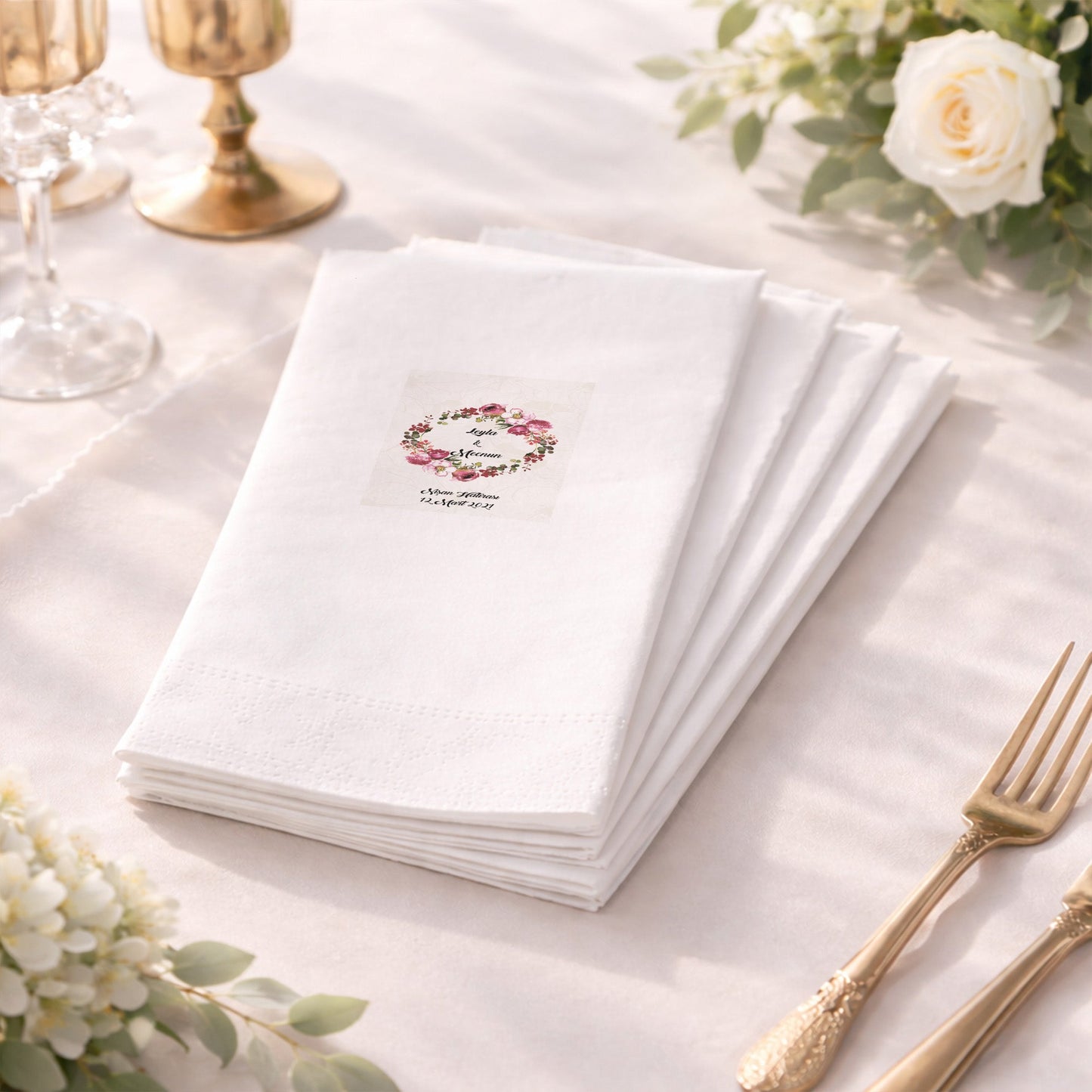 Bordo Çiçek Çelenkli İsimli Nişan Hatırası Baskılı Özel Gün Peçetesi