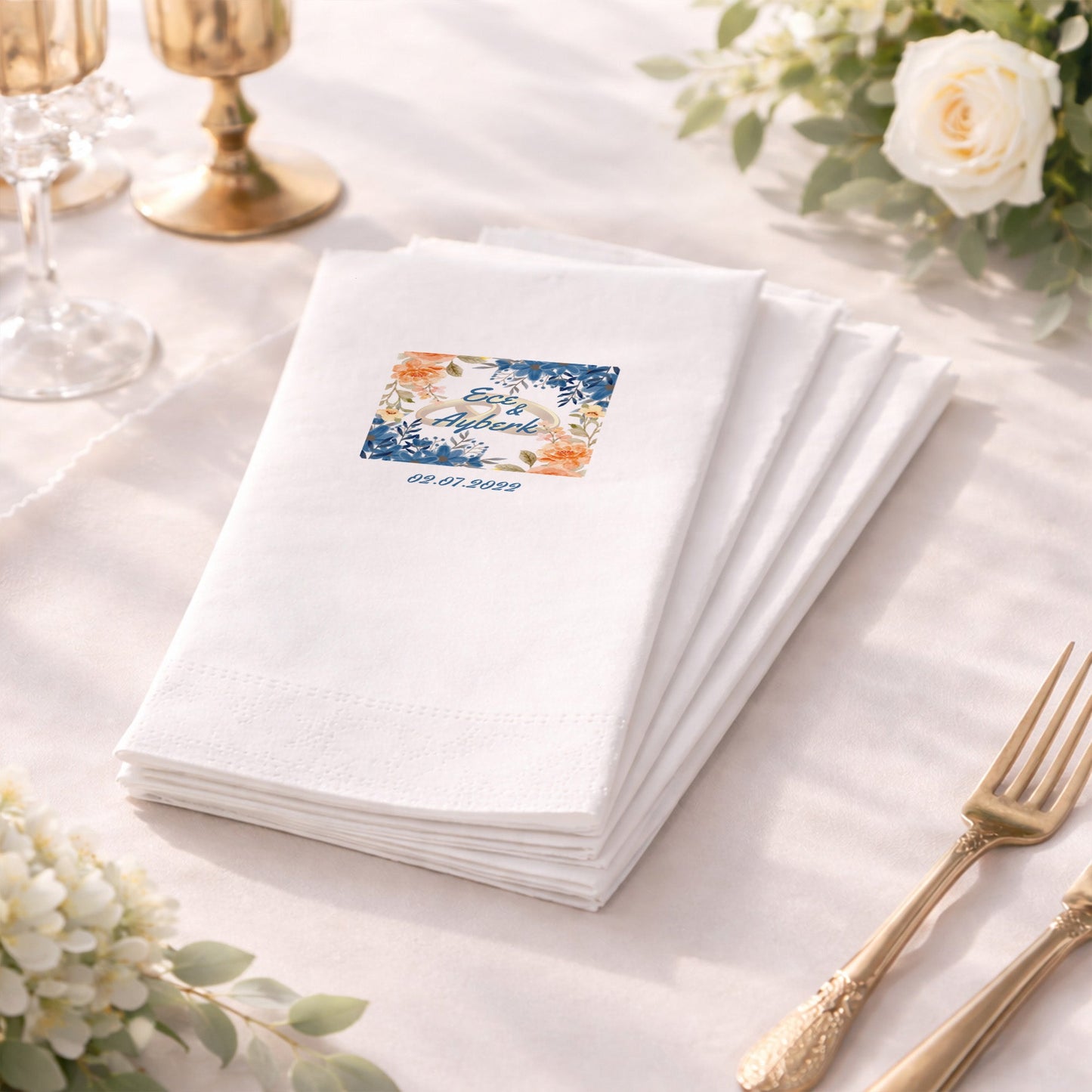Ece & Ayberk İsimli Çiçek Desenli Alyans Baskılı Nişan Peçetesi