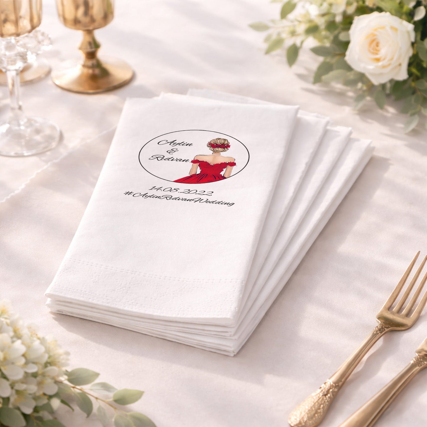 Aylin & Rıdvan Wedding Kırmızı Elbiseli Şık Düğün Peçetesi