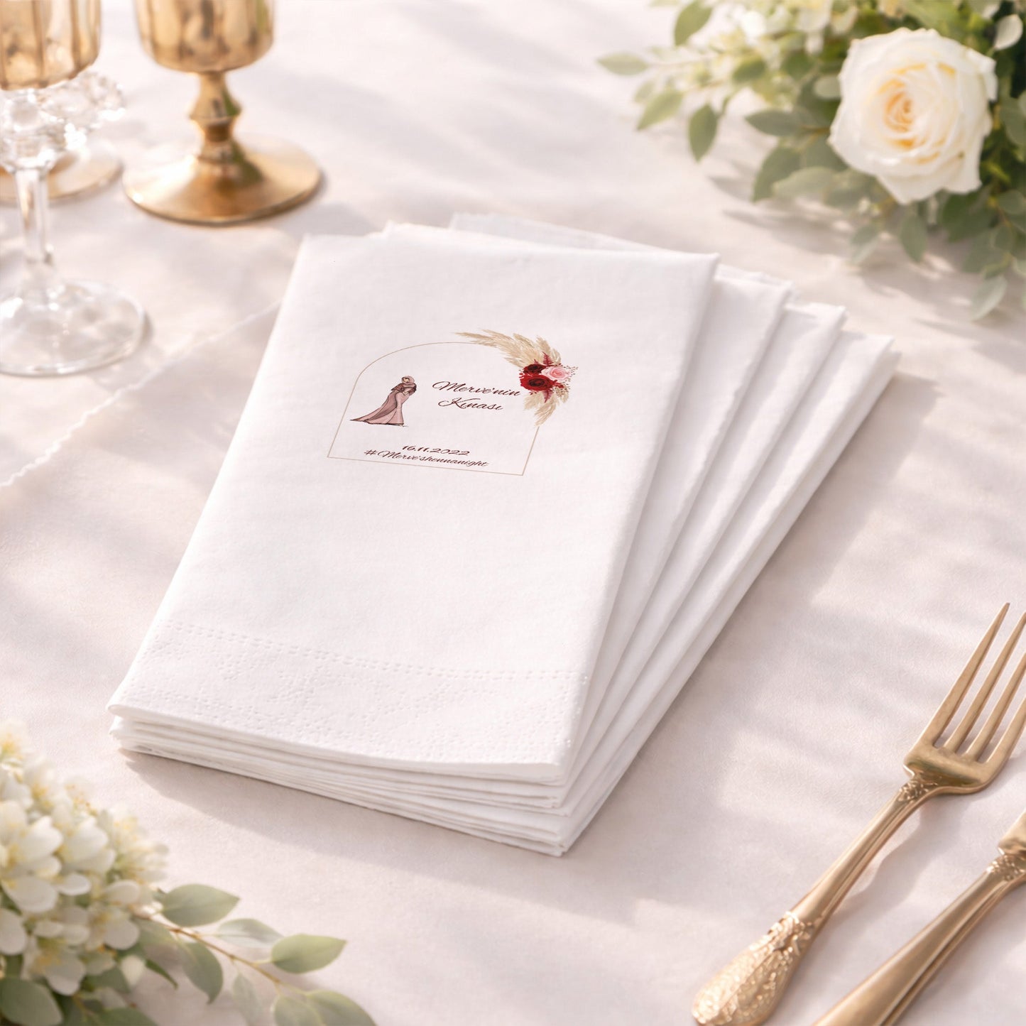 Merve'nin Kınası Pudra Tonlu Zarif Tasarım Baskılı Nişan Peçetesi