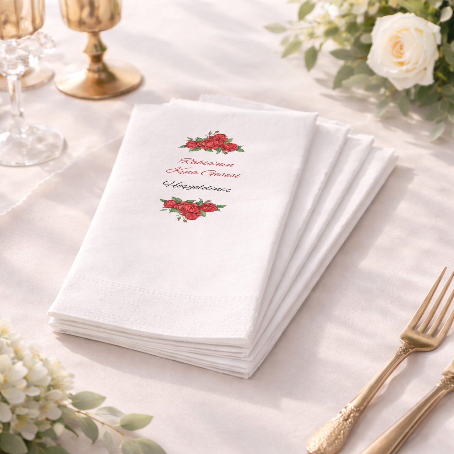 Kırmızı Gül Desenli Rabia'nın Kına Gecesi Baskılı Peçete