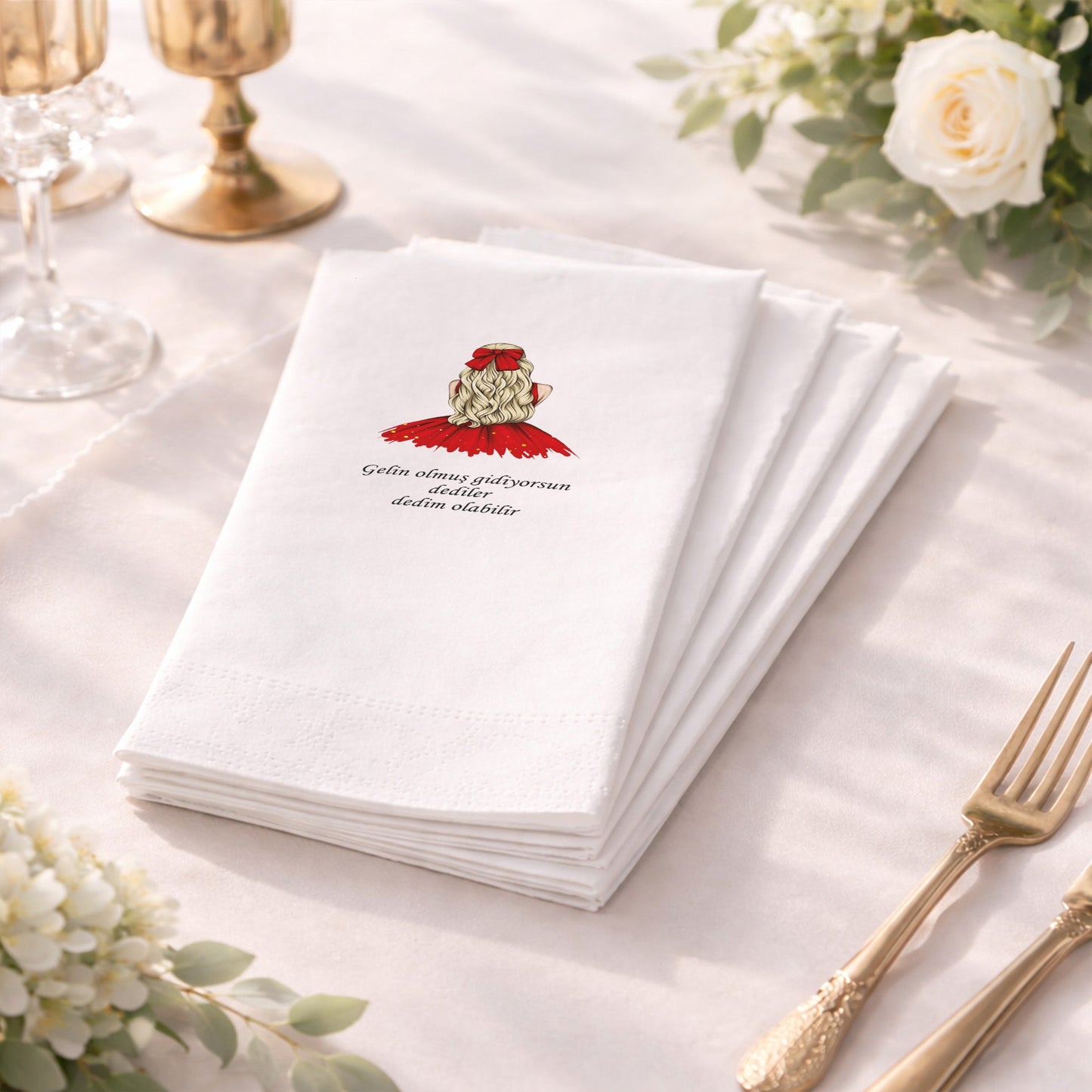 Kırmızı Elbiseli Modern Gelin Figürlü Kına Peçetesi