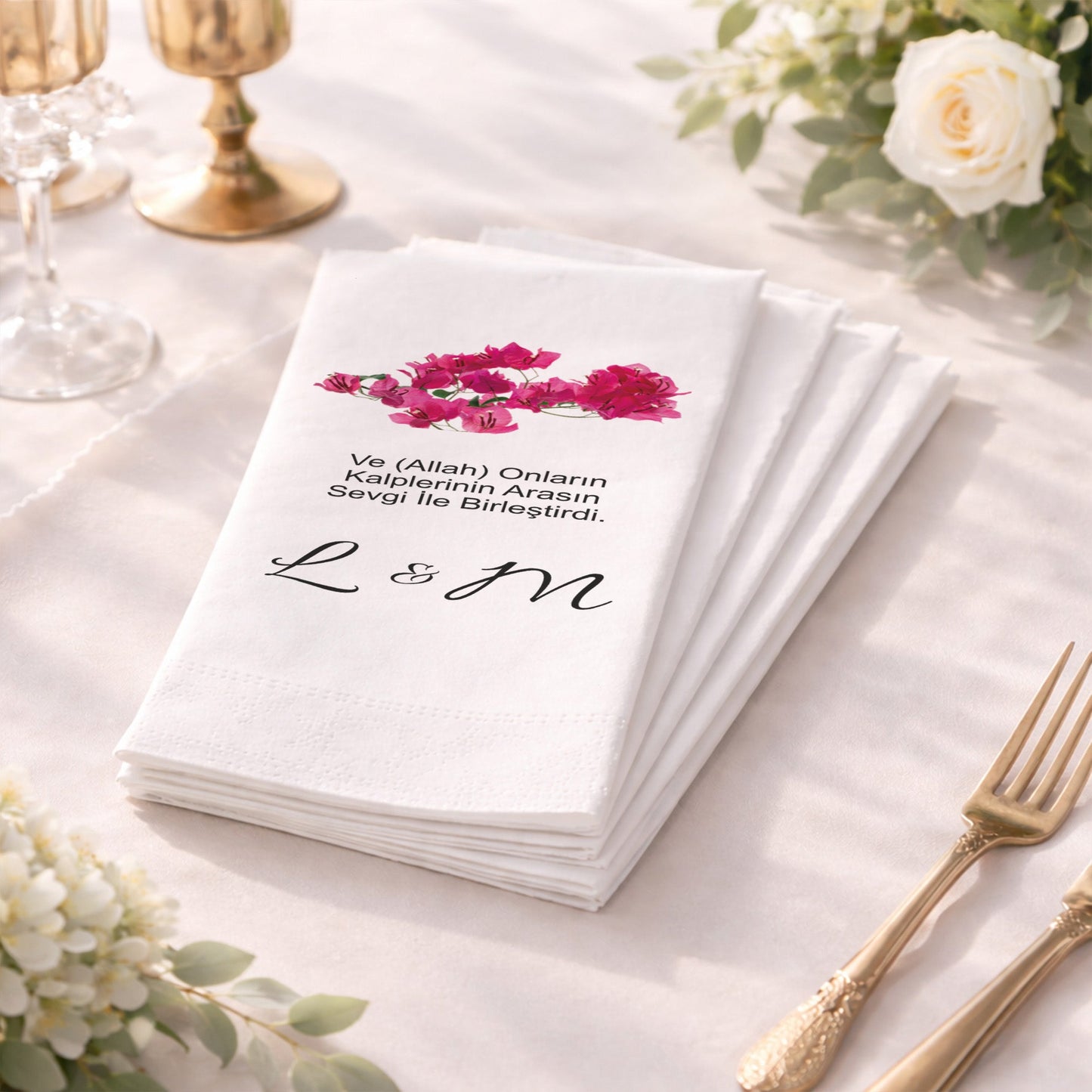 Ayet Yazılı Fuşya Çiçekli Özel Tasarım Baskılı Düğün Peçetesi