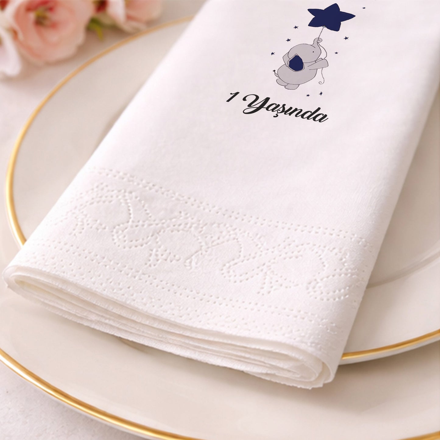 Yıldız Balonlu Fil Temalı Kişiye Özel Erkek Bebek 1 Yaş Peçetesi