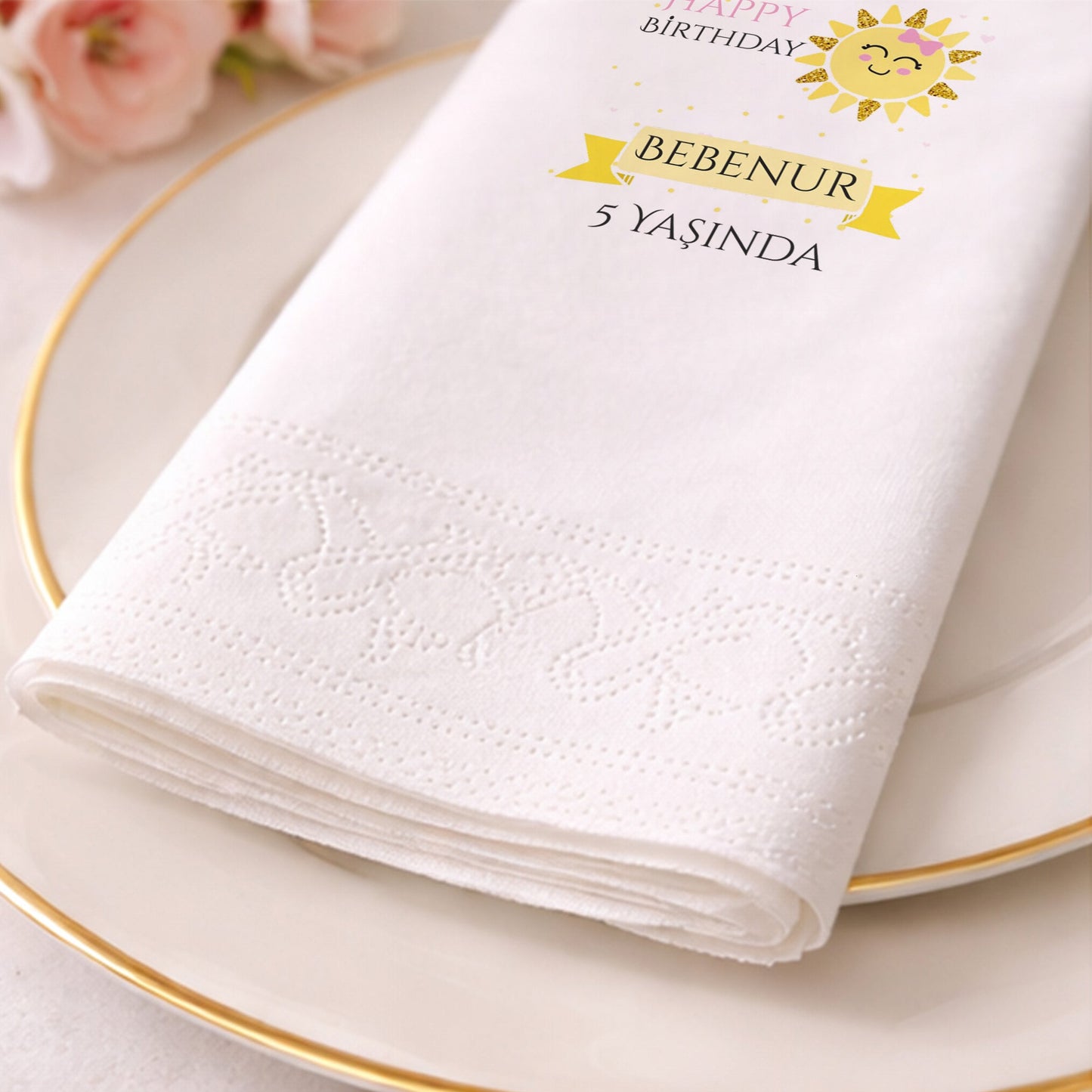 Bebenur 5 Yaş Gülen Güneş Desenli Eğlenceli Doğum Günü Peçetesi