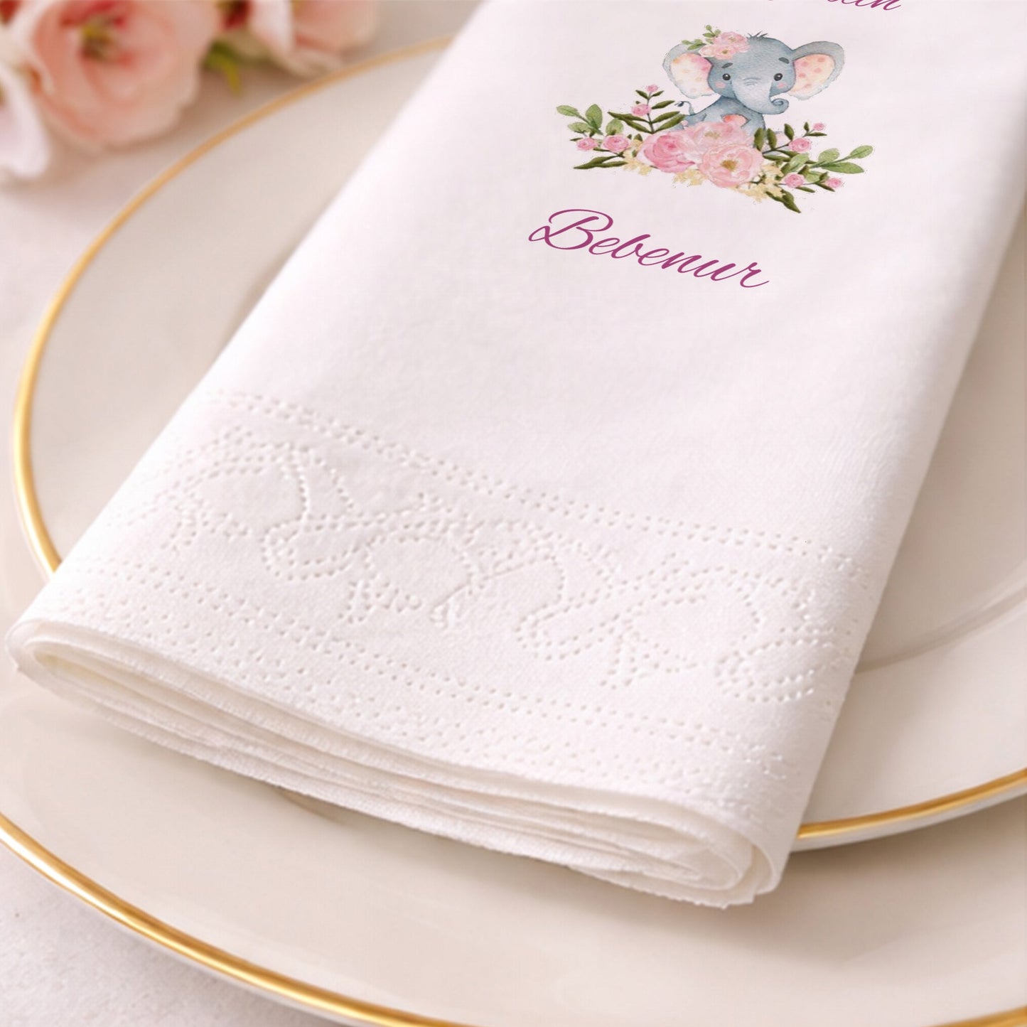Çiçekli Fil İllüstrasyonlu Bebenur Hoş Geldin Bebek Peçetesi