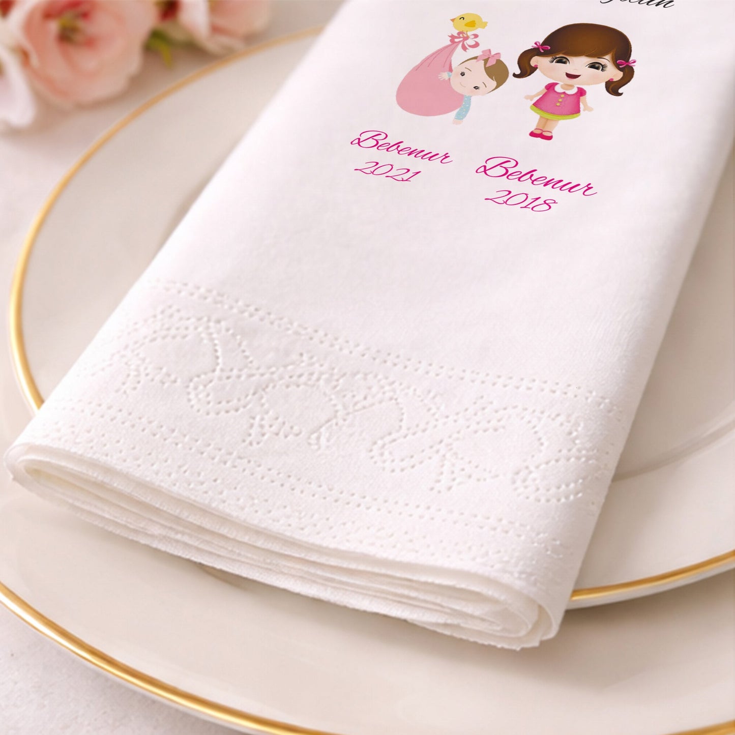 İki Kardeş/Yıl Temalı Bebenur Çift Tarihli Özel Gün Peçetesi