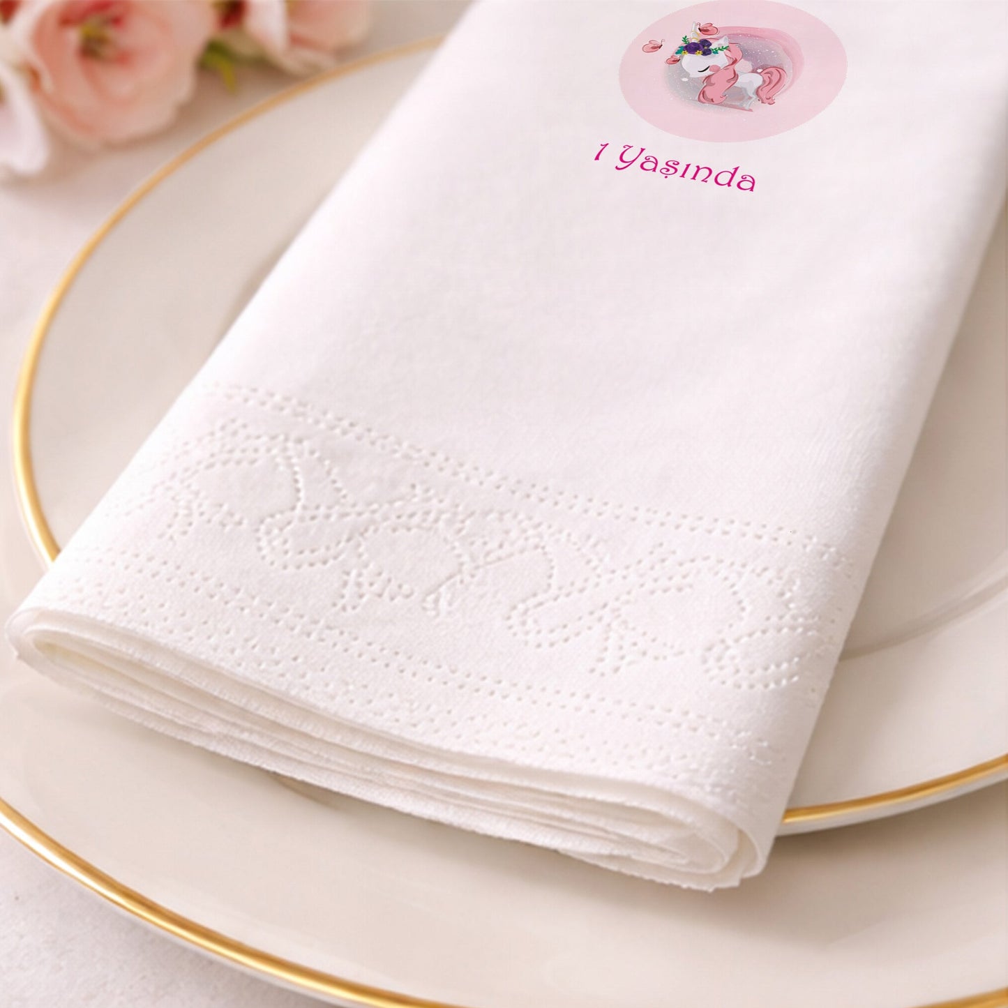 Bebenur Pembe Unicorn Temalı 1 Yaş Doğum Günü Parti Peçetesi