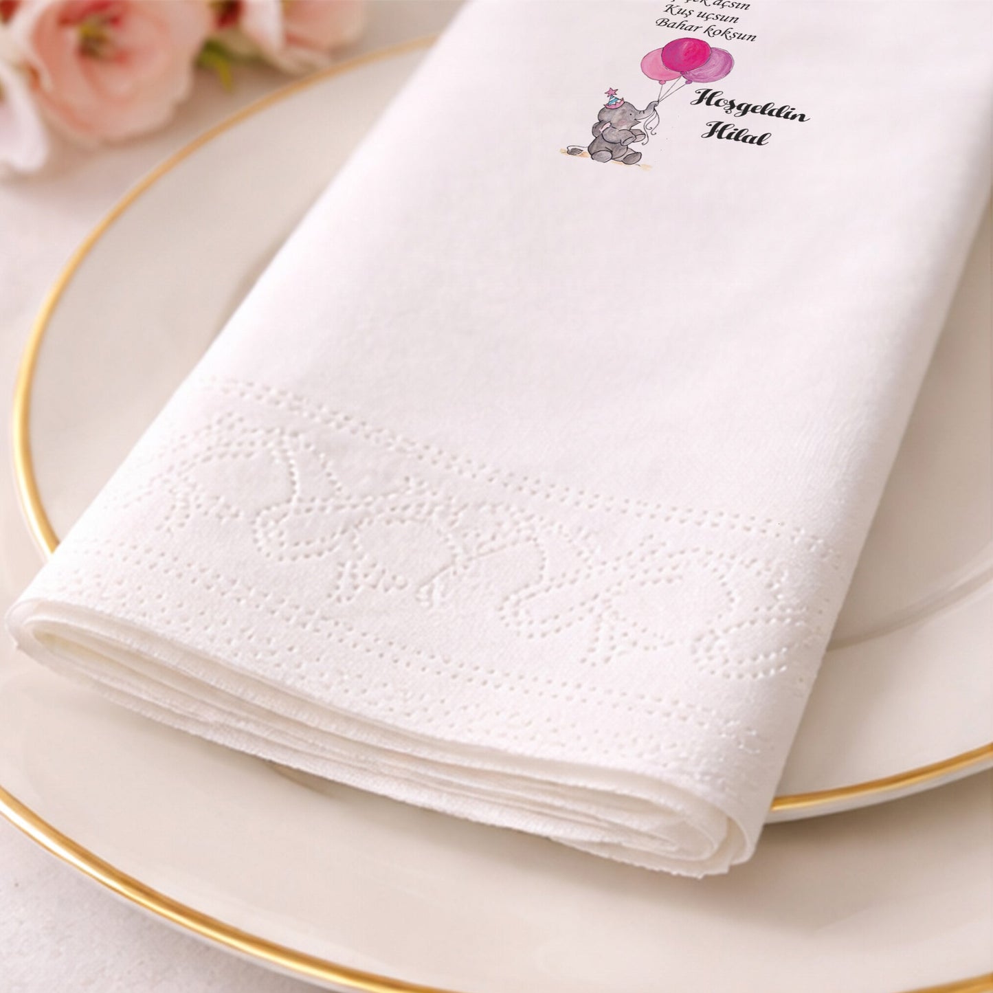 Hilal Hoşgeldin Bebek Pembe Balonlu Fil Desenli Şık Sunum Peçetesi