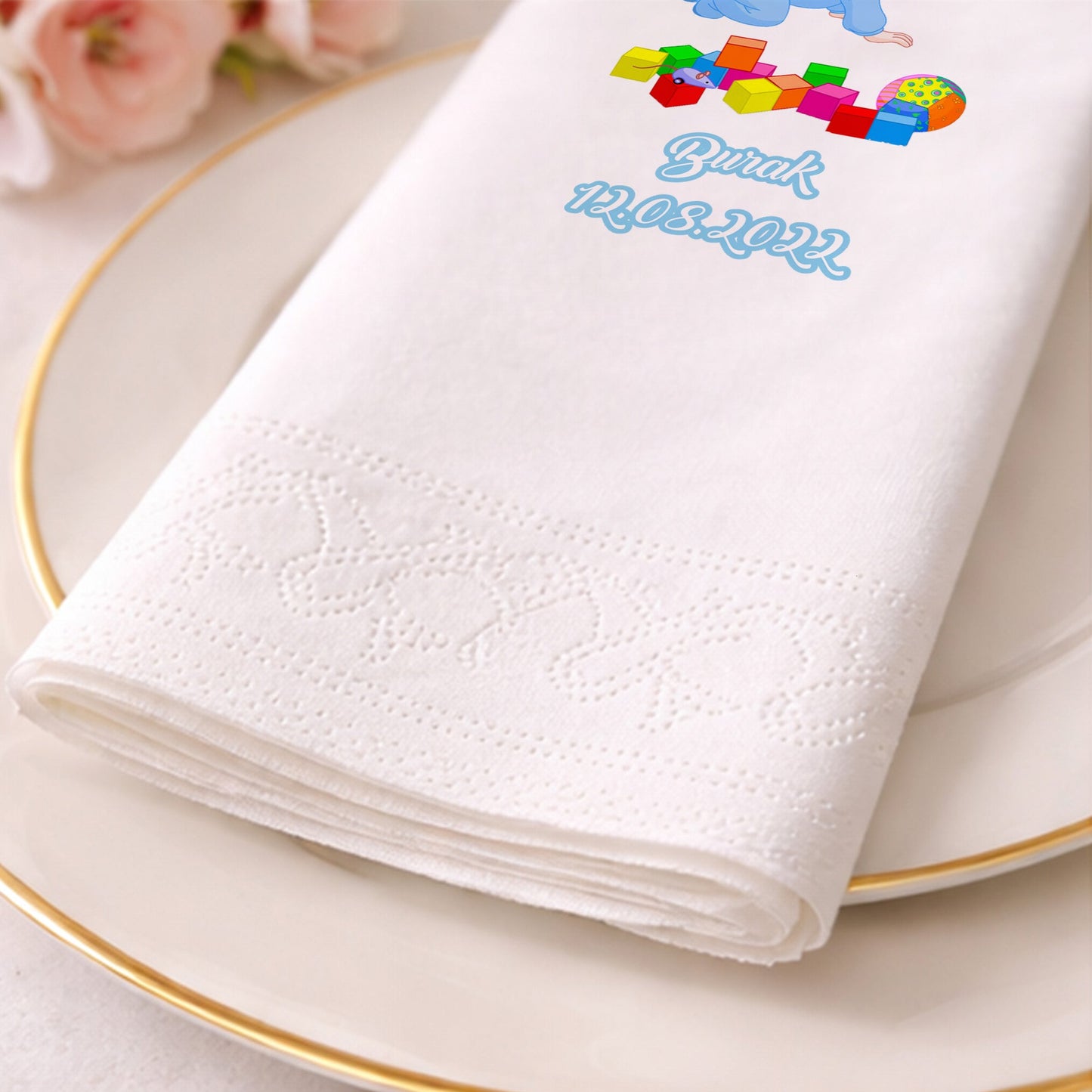 Burak İsme Özel Mavi Emekleyen Bebek Ve Blok Temalı Peçete