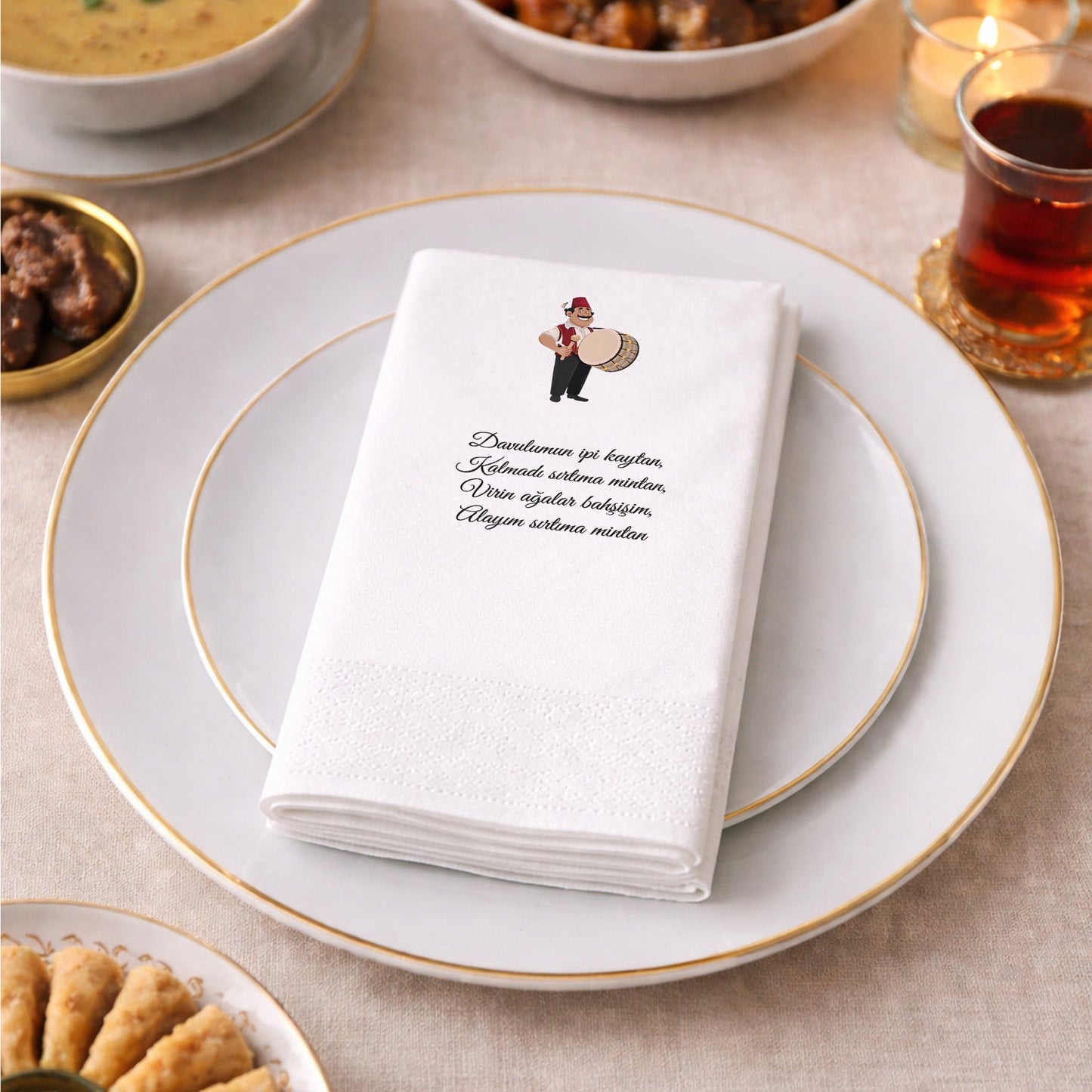 Ramazan Desenli Baskılı Peçete – Davulcu Motifli, 33x33 cm Çift Katlı, 20’li Paket | Kidzia