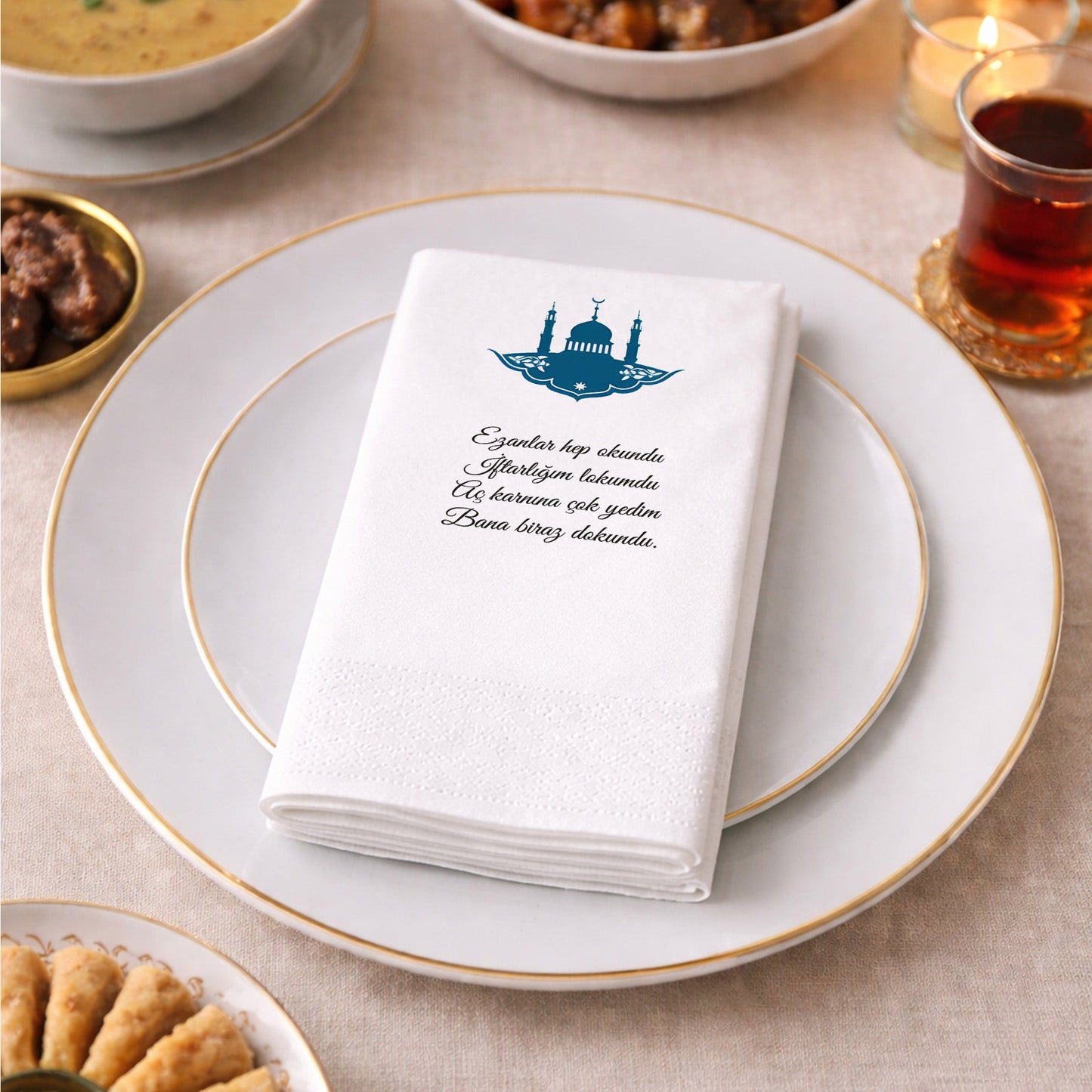 Kidzia Camii Silüeti Ramazan Peçetesi – Mani Yazılı, 33x33 cm Çift Katlı, 20’li Paket