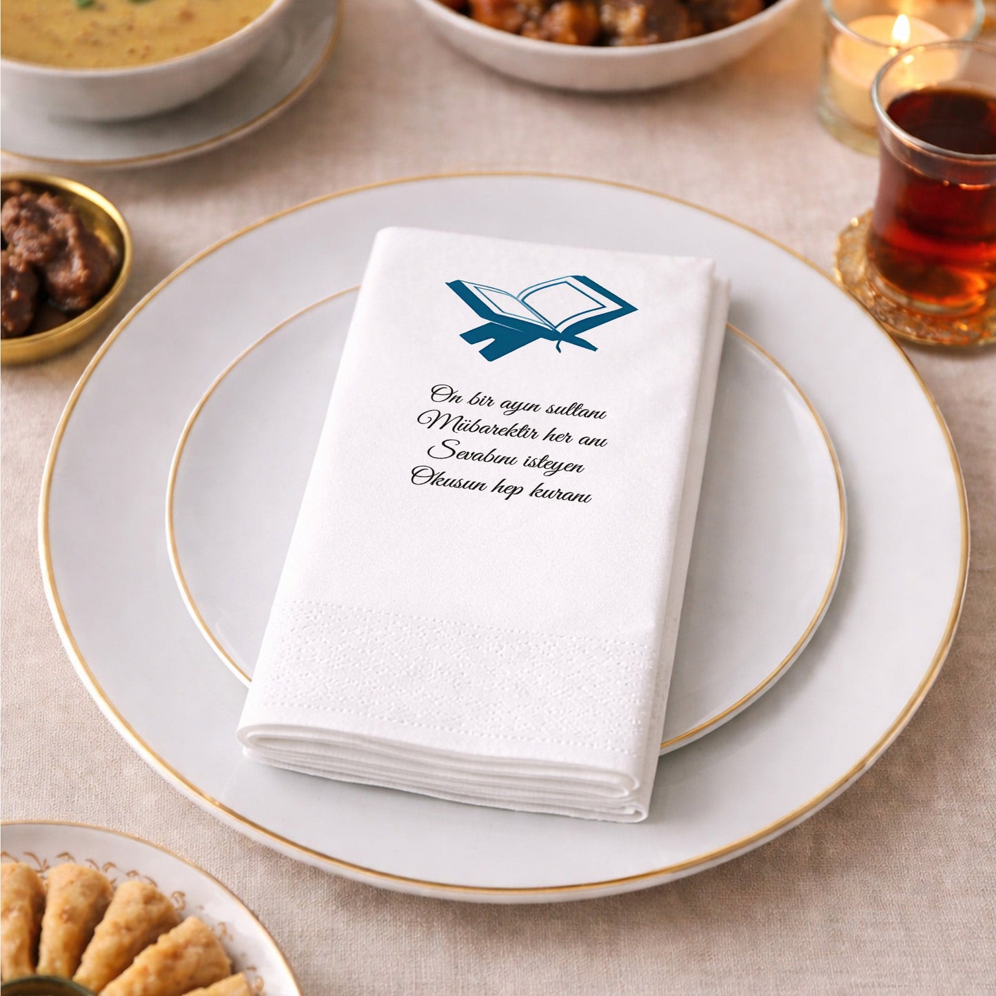 Kidzia Kur’an-ı Kerim Silüeti Ramazan Peçetesi – Mani Yazılı, 33x33 cm Çift Katlı, 20’li Paket