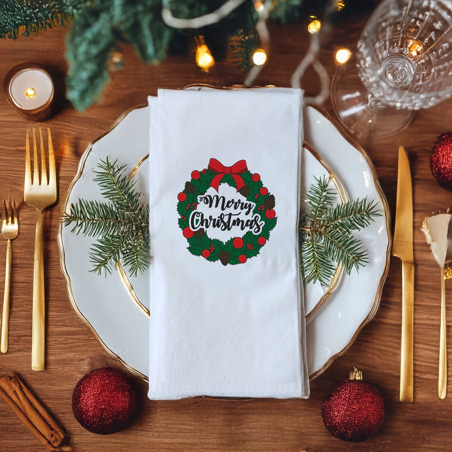 Klasik Merry Christmas Çelenk Baskılı Yılbaşı Peçetesi – 33x33 cm Çift Katlı, 20’li Paket