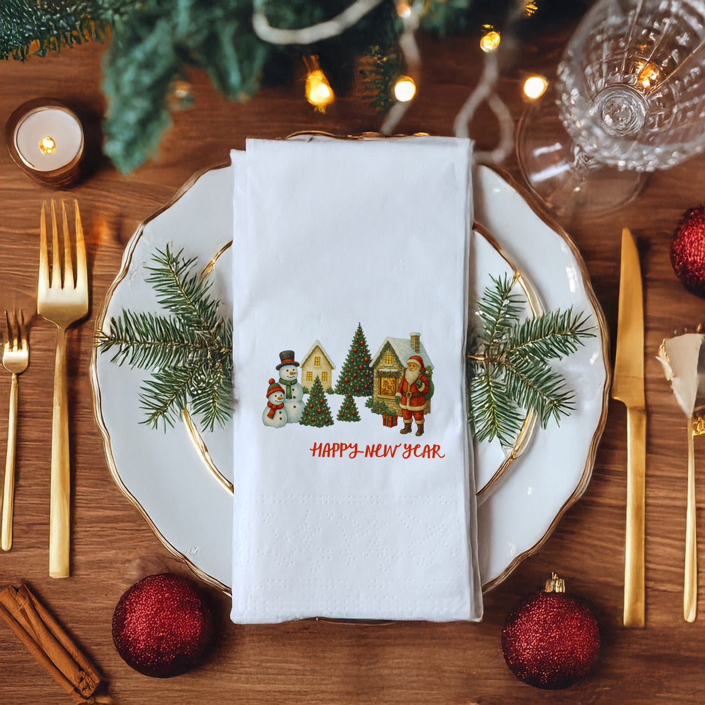 Vintage Christmas Köy Temalı Yılbaşı Peçetesi – Santa, Kardan Adam ve Kar Manzaralı Happy New Year Peçete | 33x33 cm, 20’li Paket