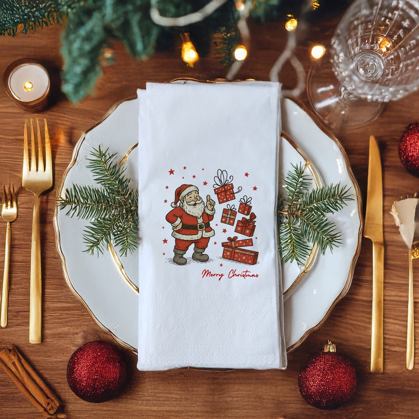 Vintage Noel Baba Merry Christmas Baskılı Yılbaşı Peçetesi – 33x33 cm, 20’li