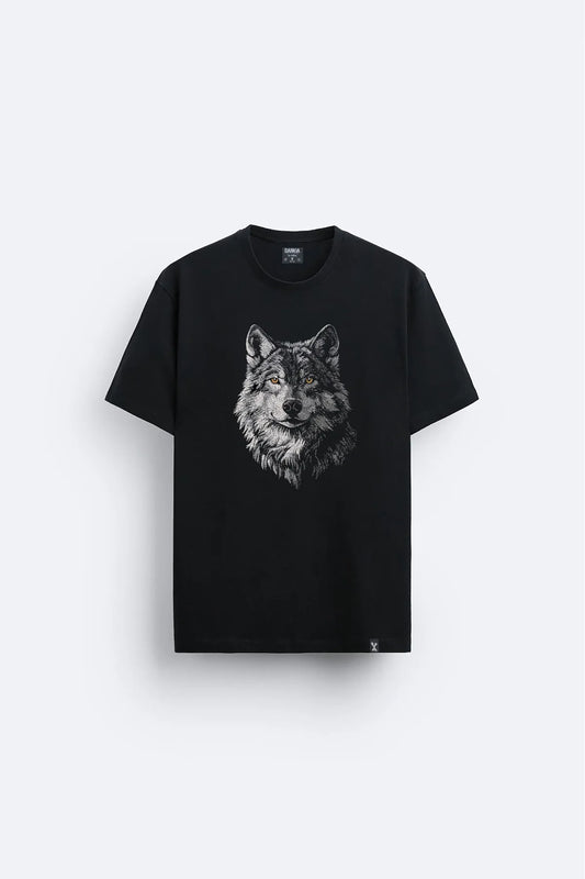 Türk Bozkurt Kurt Baskılı Bisiklet Yaka Siyah  Tişört