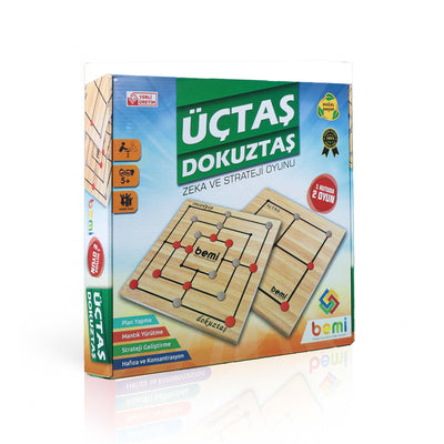 Bemi Üçtaş & Dokuztaş Zeka ve Strateji Oyunu | 2’si 1 Arada Ahşap Mantık Oyunu (5+ Yaş)