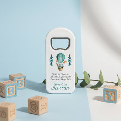 Kişiye Özel Yeşil Balon Temalı Bebek Açacak Magnet | Erkek Bebek Hediyelik