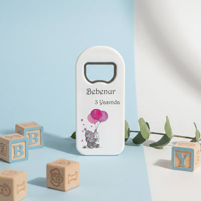 Kişiye Özel Pembe Fil Temalı Bebek Açacak Magnet | Kız Çocuk Doğum Günü Hediyelik