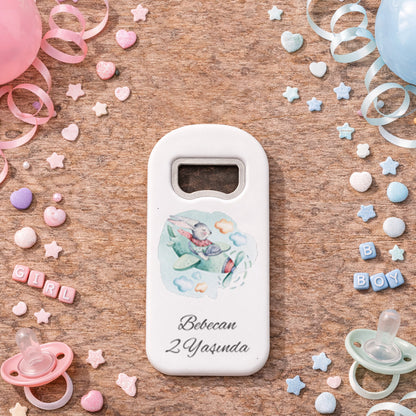 Kişiye Özel Tavşan Uçak Temalı Açacak Magnet | İsimli Çocuk Doğum Günü Hediyelik