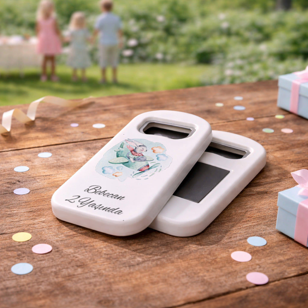 Kişiye Özel Tavşan Uçak Temalı Açacak Magnet | İsimli Çocuk Doğum Günü Hediyelik