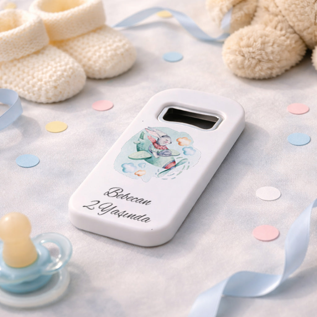 Kişiye Özel Tavşan Uçak Temalı Açacak Magnet | İsimli Çocuk Doğum Günü Hediyelik