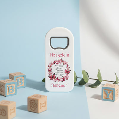 Kişiye Özel Kelebek Temalı Açacak Magnet – İsimli Bebek Hediyelik, Şiirli UV Baskılı Şişe Açacağı