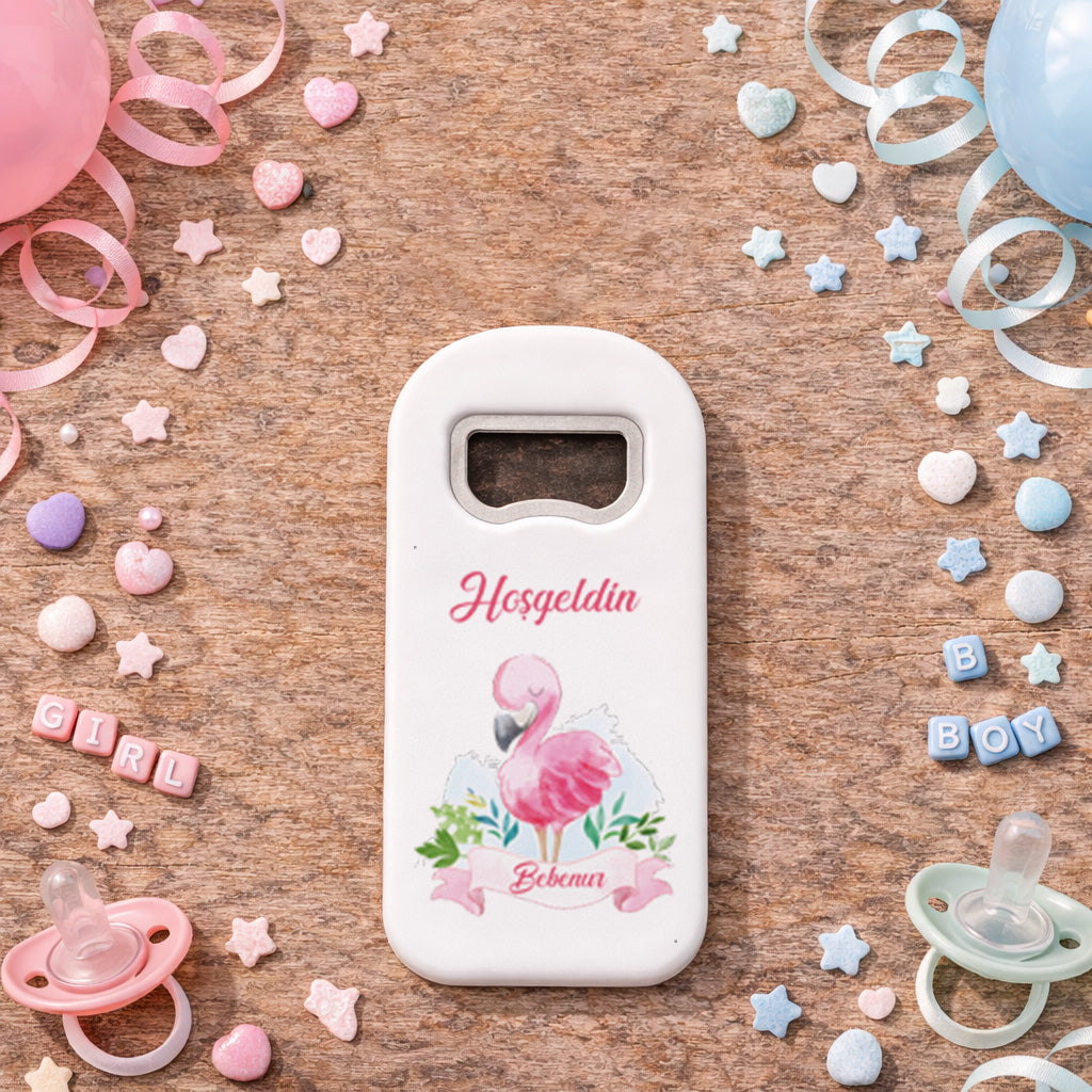 Flamingo Temalı Kişiye Özel Açacak Magnet – İsimli Kız Bebek Hoşgeldin Hediyelik