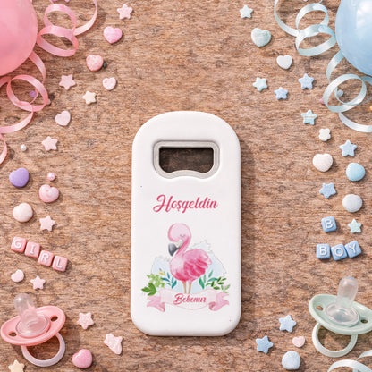 Flamingo Temalı Kişiye Özel Açacak Magnet – İsimli Kız Bebek Hoşgeldin Hediyelik