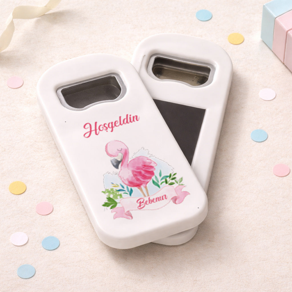 Flamingo Temalı Kişiye Özel Açacak Magnet – İsimli Kız Bebek Hoşgeldin Hediyelik