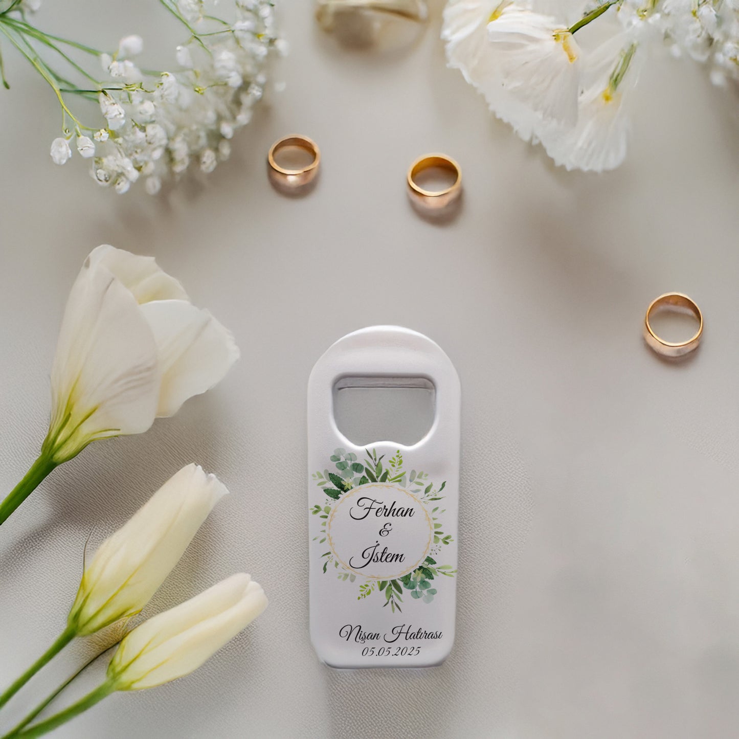 Yeşil Yapraklı Çerçeve Tasarımlı – Kişiye Özel Plastik Açacak Magnet