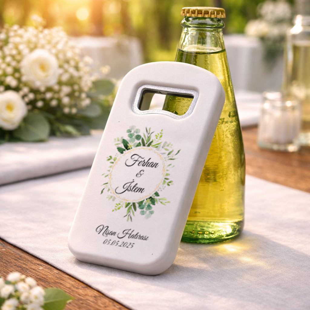 Yeşil Yapraklı Düğün Magnet Açacak | Gold Çerçeveli İsim Baskılı Şişe Açacağı