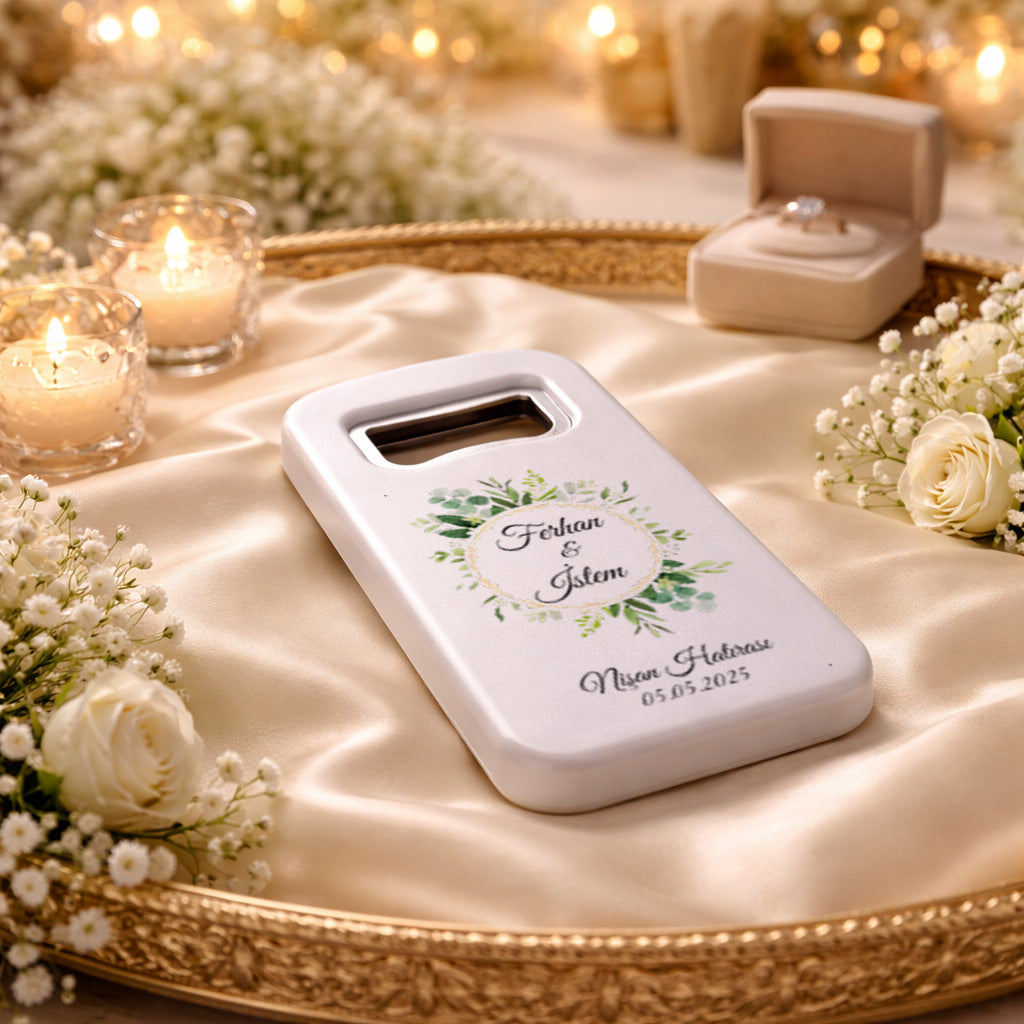 Yeşil Yapraklı Düğün Magnet Açacak | Gold Çerçeveli İsim Baskılı Şişe Açacağı