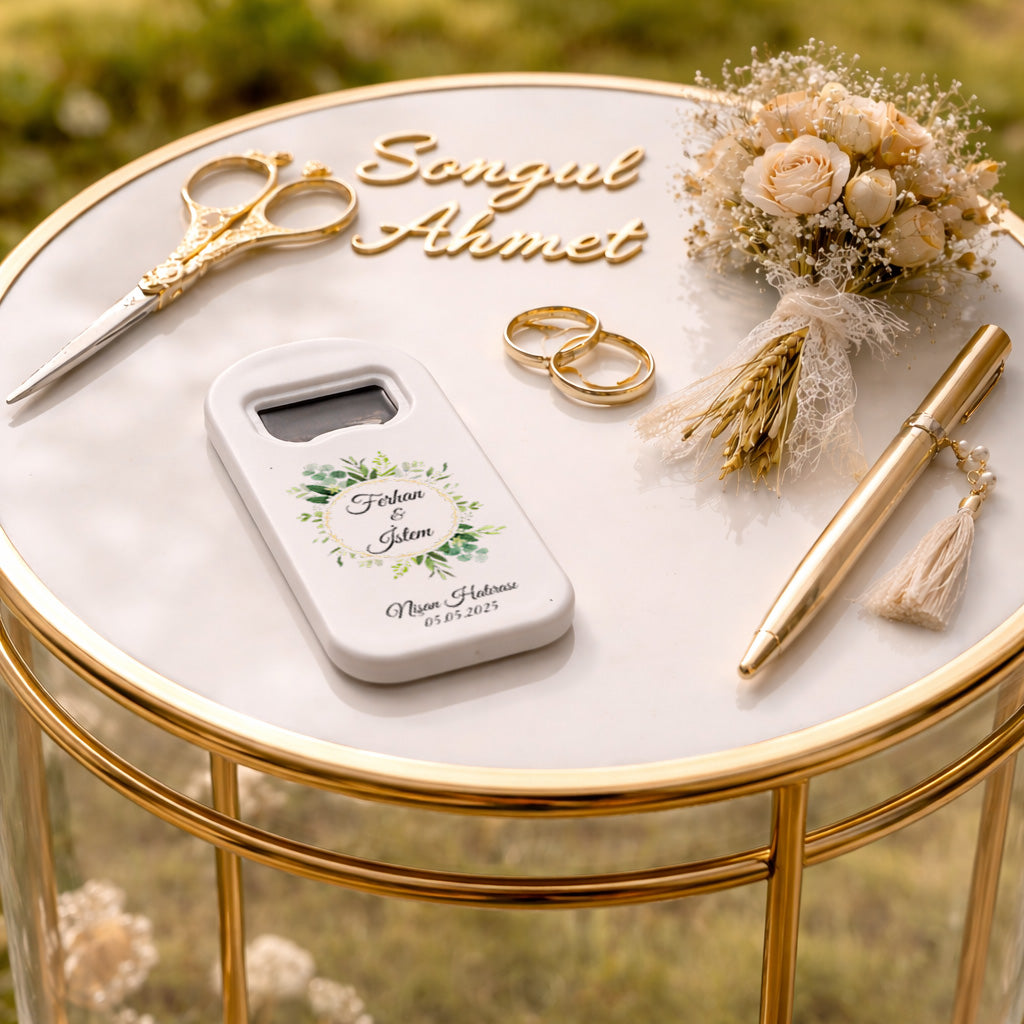Yeşil Yapraklı Düğün Magnet Açacak | Gold Çerçeveli İsim Baskılı Şişe Açacağı