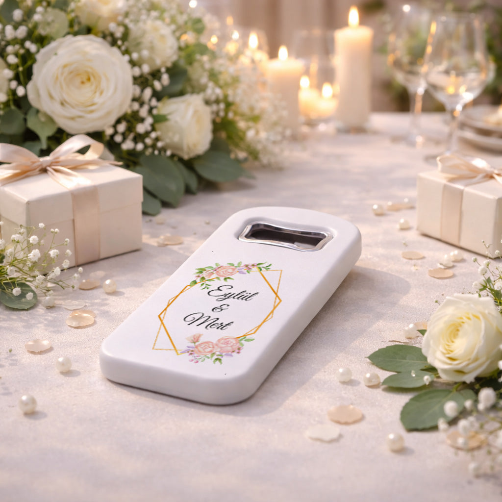 Pudra Gül Desenli Düğün Magnet Açacak | Gold Geometrik Çerçeveli İsim Baskılı