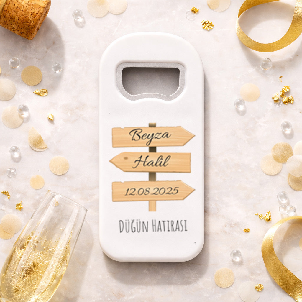 Ahşap Tabela Tasarımlı Düğün Magnet Açacak | Rustik İsim Baskılı Şişe Açacağı