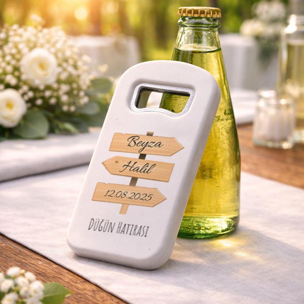 Ahşap Tabela Tasarımlı Düğün Magnet Açacak | Rustik İsim Baskılı Şişe Açacağı