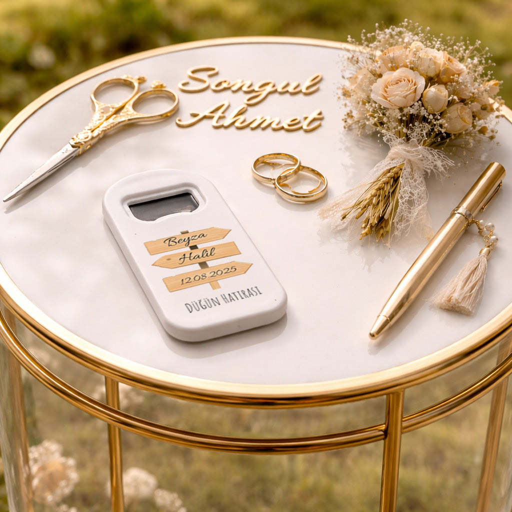 Ahşap Tabela Tasarımlı Düğün Magnet Açacak | Rustik İsim Baskılı Şişe Açacağı