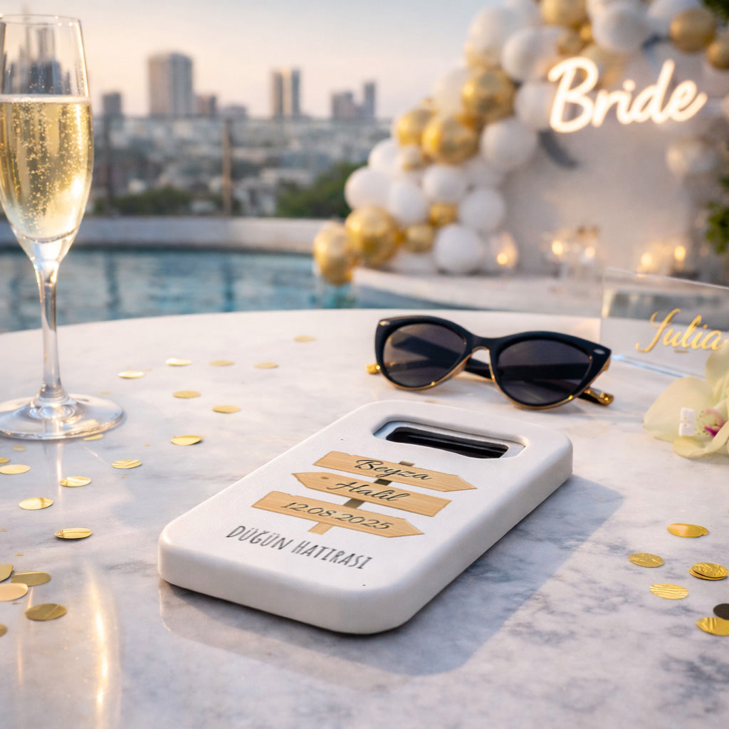 Ahşap Tabela Tasarımlı Düğün Magnet Açacak | Rustik İsim Baskılı Şişe Açacağı